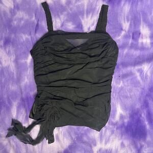 Cache Black mesh corset top with cowl neck and flower corsage